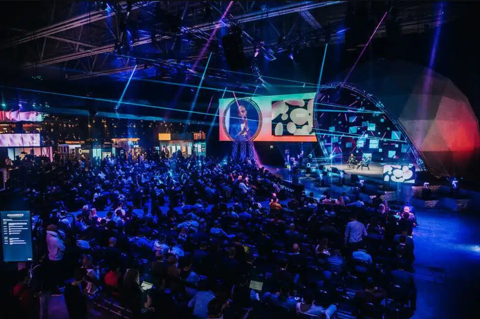 Slush main stage lit in blue at Messukeskus in Helsinki