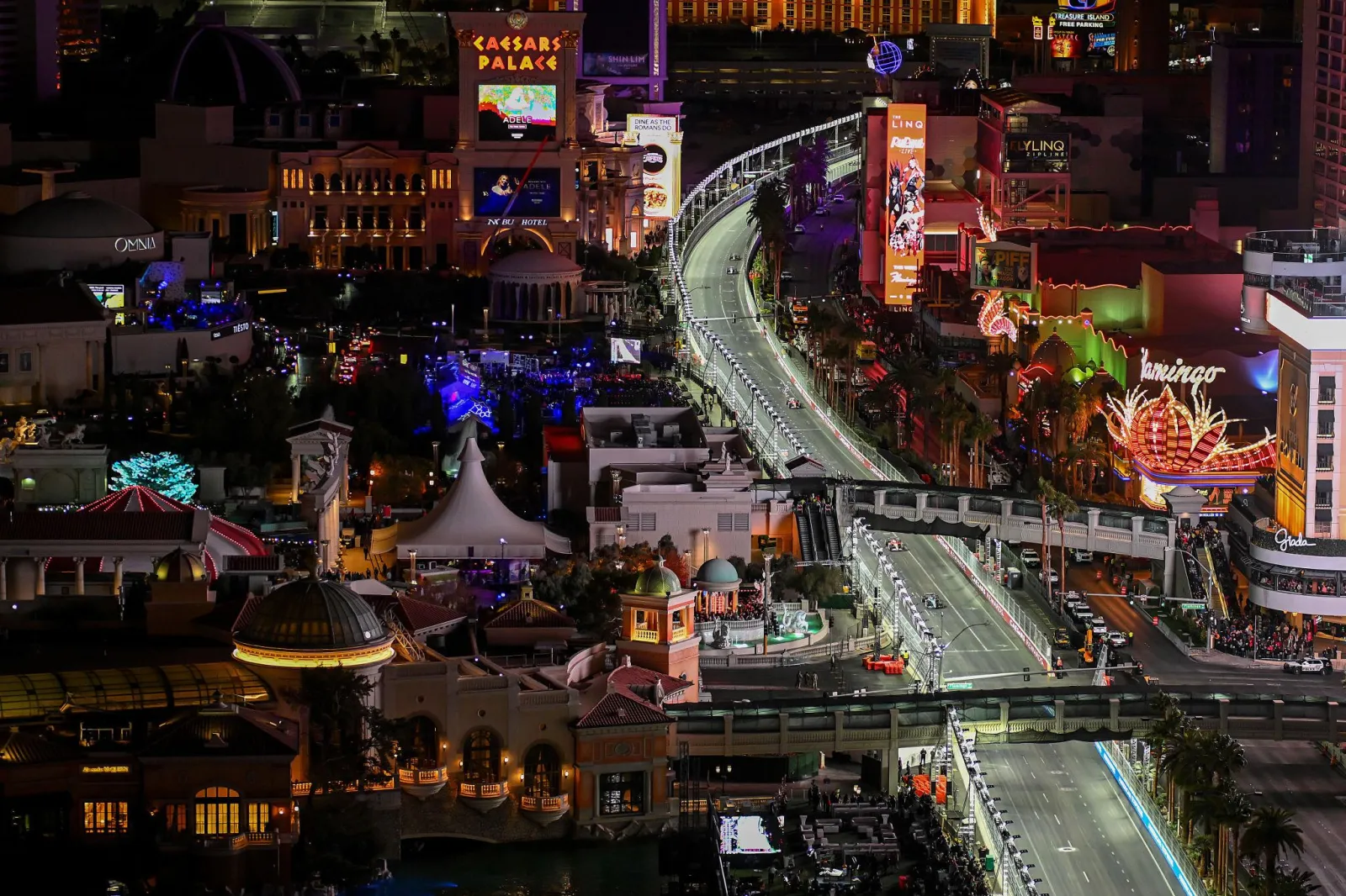 Formula 1 cars on the floodlit Las Vegas Strip Circuit during a previous Las Vegas Grand Prix