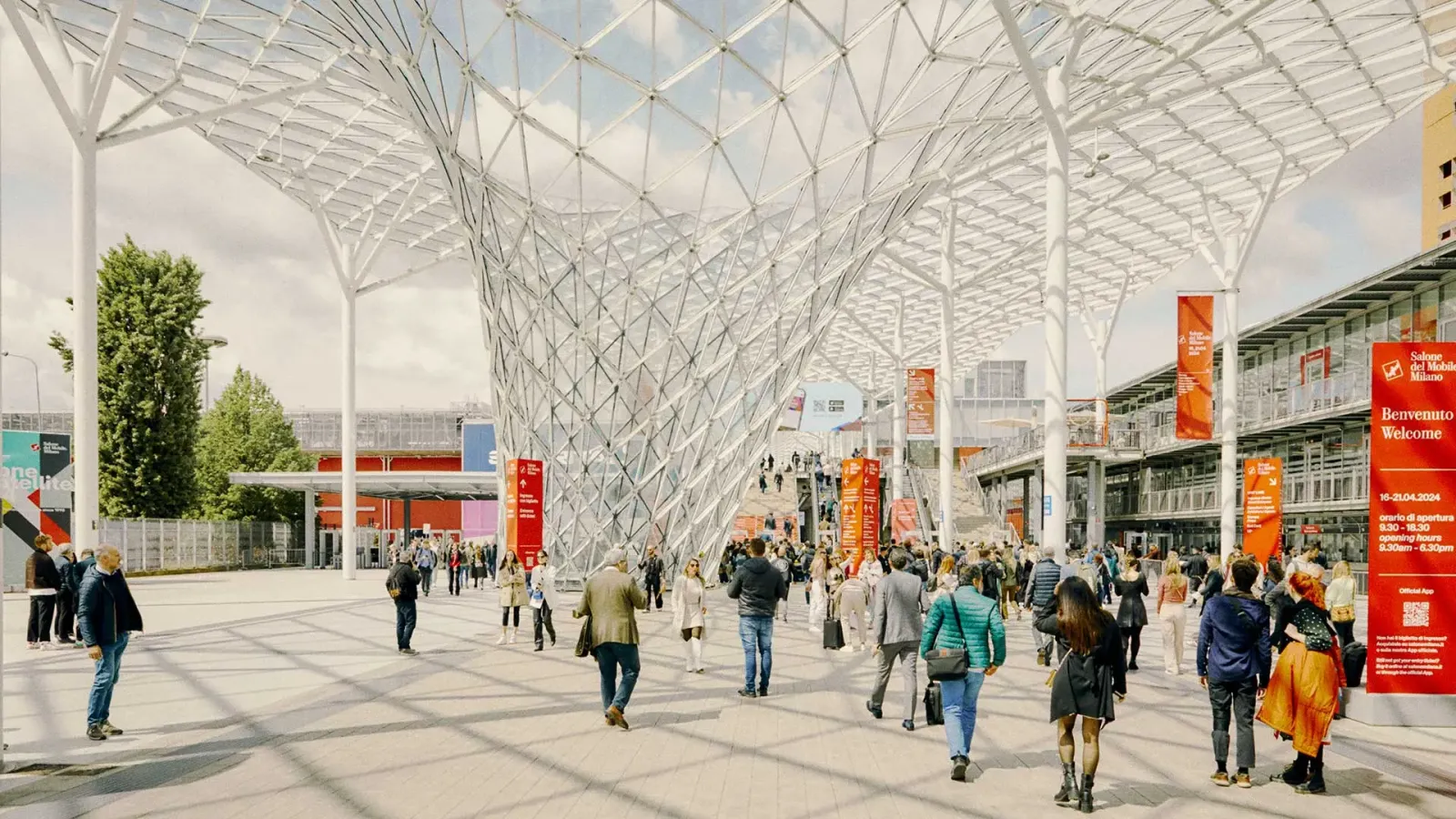 The Fuksas glass canopy at Fiera Milano, Rho, at the 2024 edition of Salone del Mobile, as dated on the welcome board