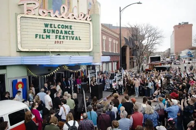 The Boulder Theater marquee in Boulder, Colorado, welcoming the 2027 Sundance Film Festival, the first edition held outside Park City